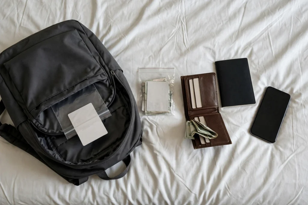 Overhead view of a backpack with a card in its front pocket, a wallet with cards and cash, a small bag with a spare card, a passport and a phone on a hotel bed