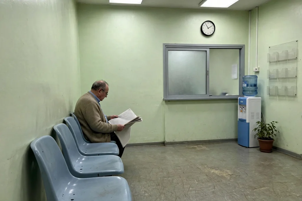 Older man in a cardigan reading a newspaper on a plastic chair in a plain clinic waiting room with a reception window and water dispenser