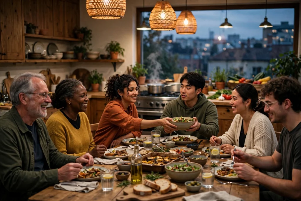 Residents of a coliving house for remote workers sharing dinner around a long wooden table in a communal kitchen