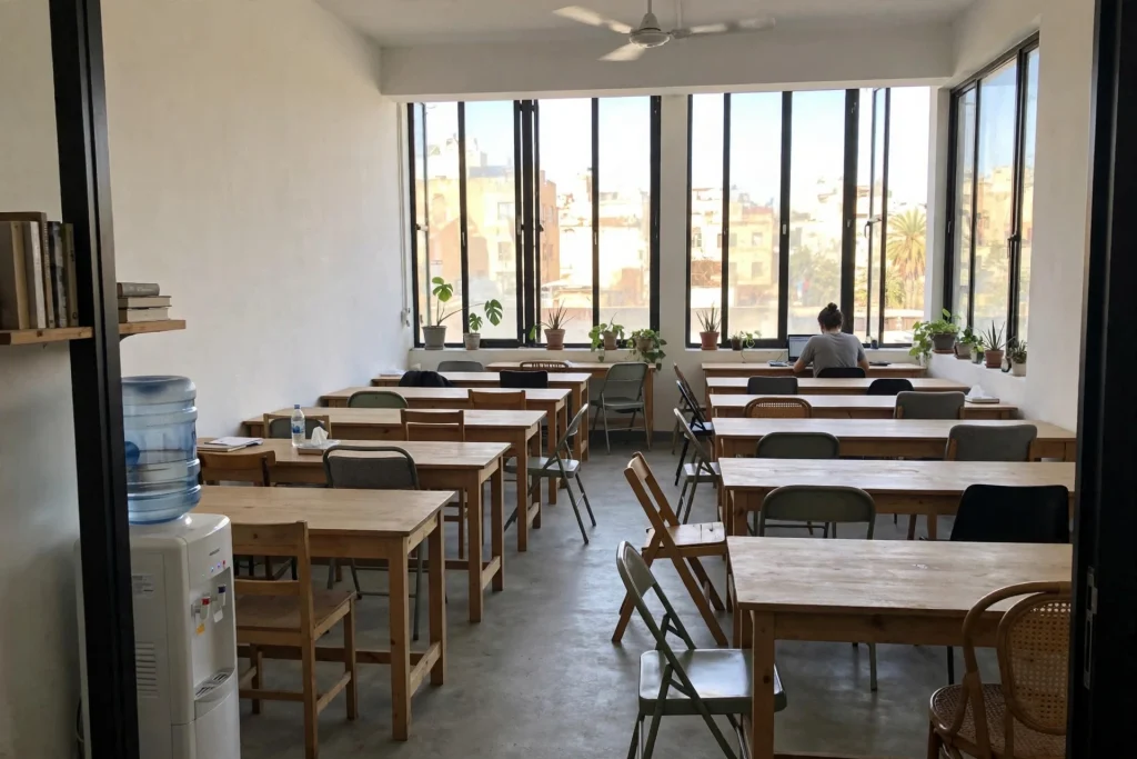 Coworking space with wooden desks facing tall windows, a ceiling fan overhead and one person working at the far end