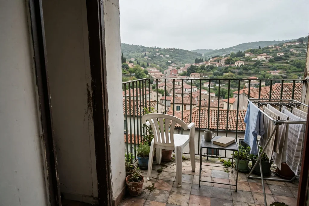 Plastic chair, small table with a mug and a book, and a drying rack on an apartment balcony overlooking terracotta rooftops and green hills
