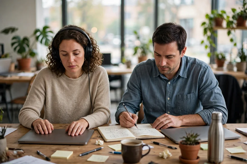 Two remote workers at a shared coworking table, a woman listening on headphones beside a man sketching a client project plan in a notebook