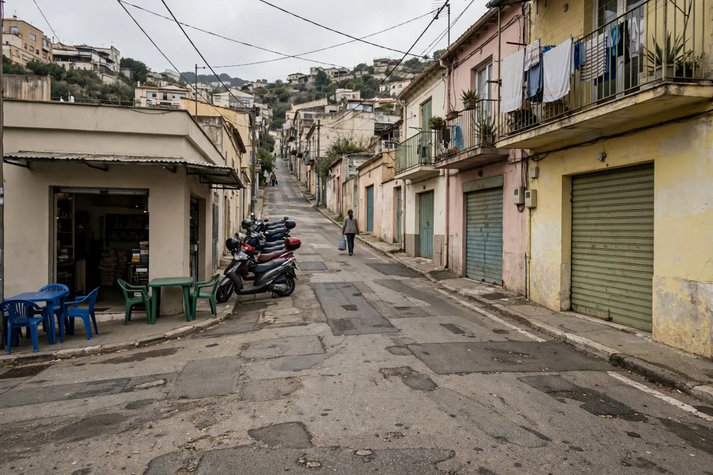 Steep street in a warm-climate city with a small corner cafe, a row of parked scooters and houses with laundry on their balconies