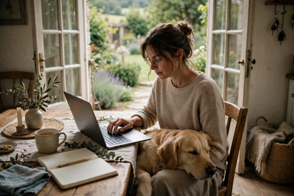 Remote worker typing on a laptop at a dining table in a countryside house-sit, with a golden retriever resting on her lap