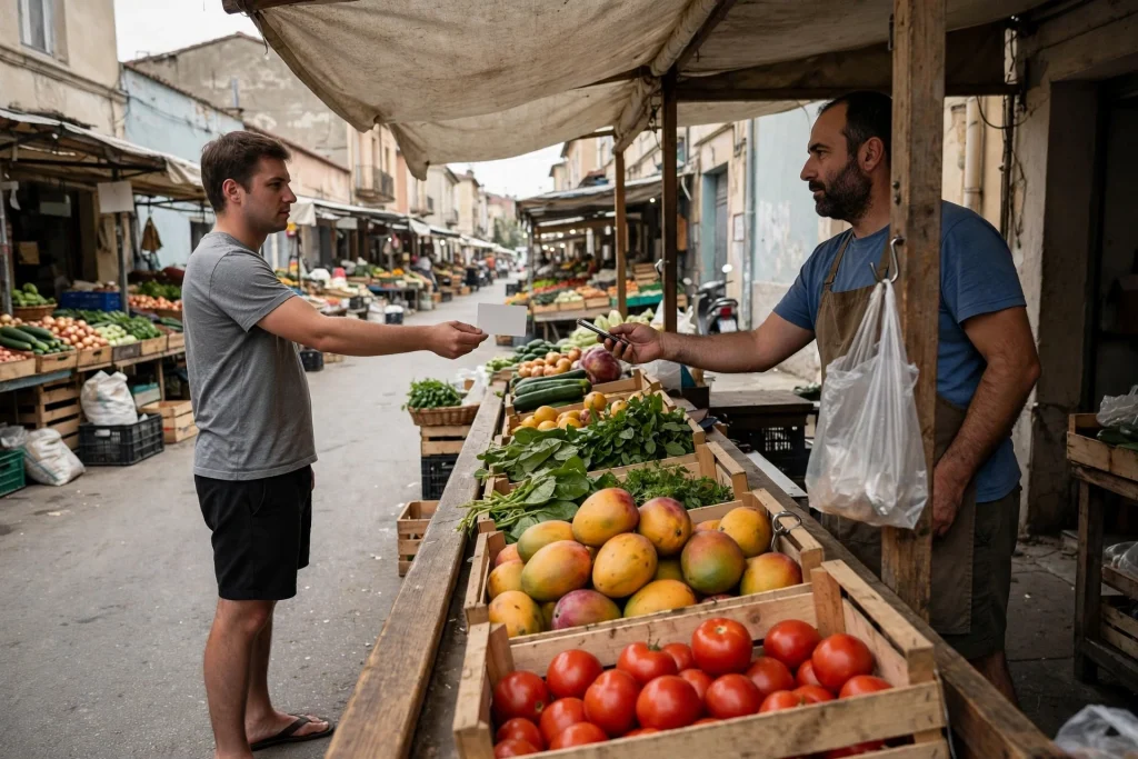Customer holding out a card to a market vendor who holds a card terminal, across a counter of tomatoes and mangoes in a warm-climate town