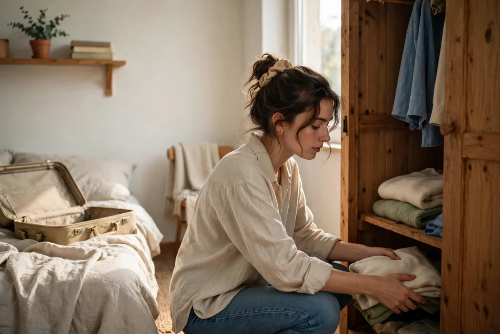 Young woman unpacking clothes into a wooden wardrobe in a sunny rented apartment, her empty suitcase open on the bed