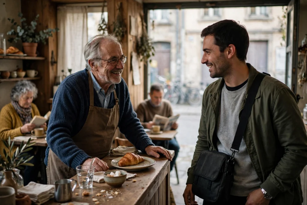 Remote worker greeted warmly by the owner of a small neighborhood cafe where he is a regular, with locals reading at tables
