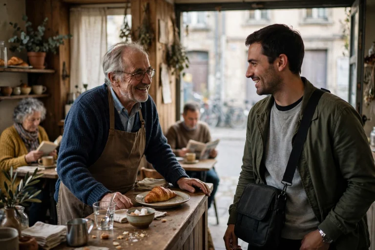 Remote worker greeted warmly by the owner of a small neighborhood cafe where he is a regular, with locals reading at tables