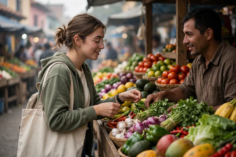 Young woman with a tote bag buying fresh vegetables from a smiling vendor at a busy local morning market