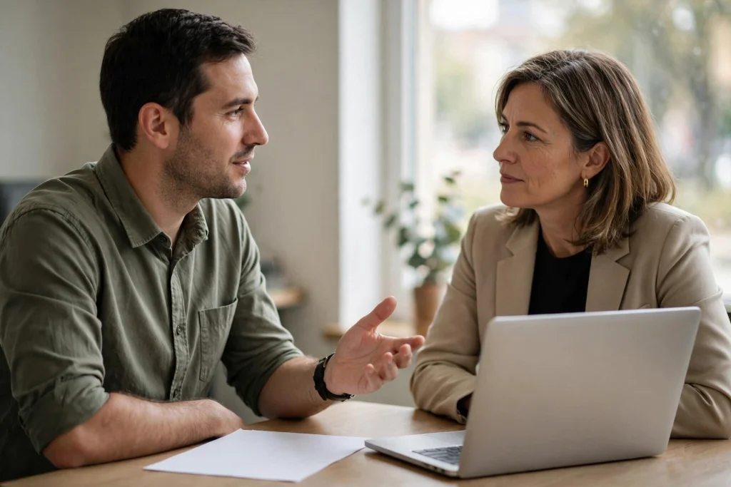 Employee explaining a remote work proposal to his manager in a bright meeting room, with a laptop and a one-page document on the table
