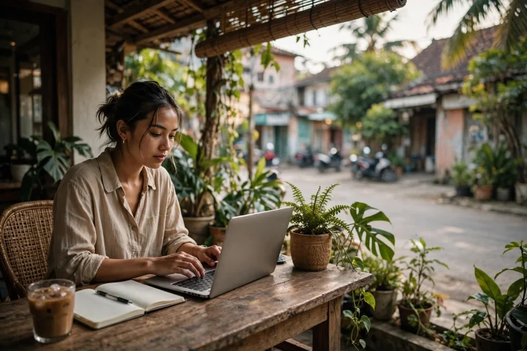 Woman working on a laptop at a wooden table on a shaded guesthouse terrace in a Southeast Asian town