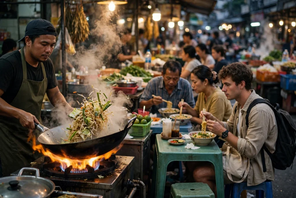 Cook tossing freshly cooked noodles in a flaming wok at a busy street food stall while locals and a traveler eat at small tables