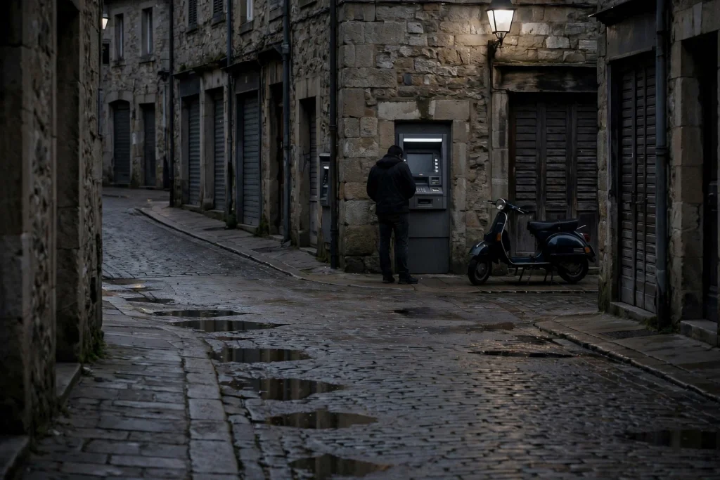 Person seen from behind using a cash machine set into a stone wall on a narrow cobbled street at dusk, with a parked scooter nearby
