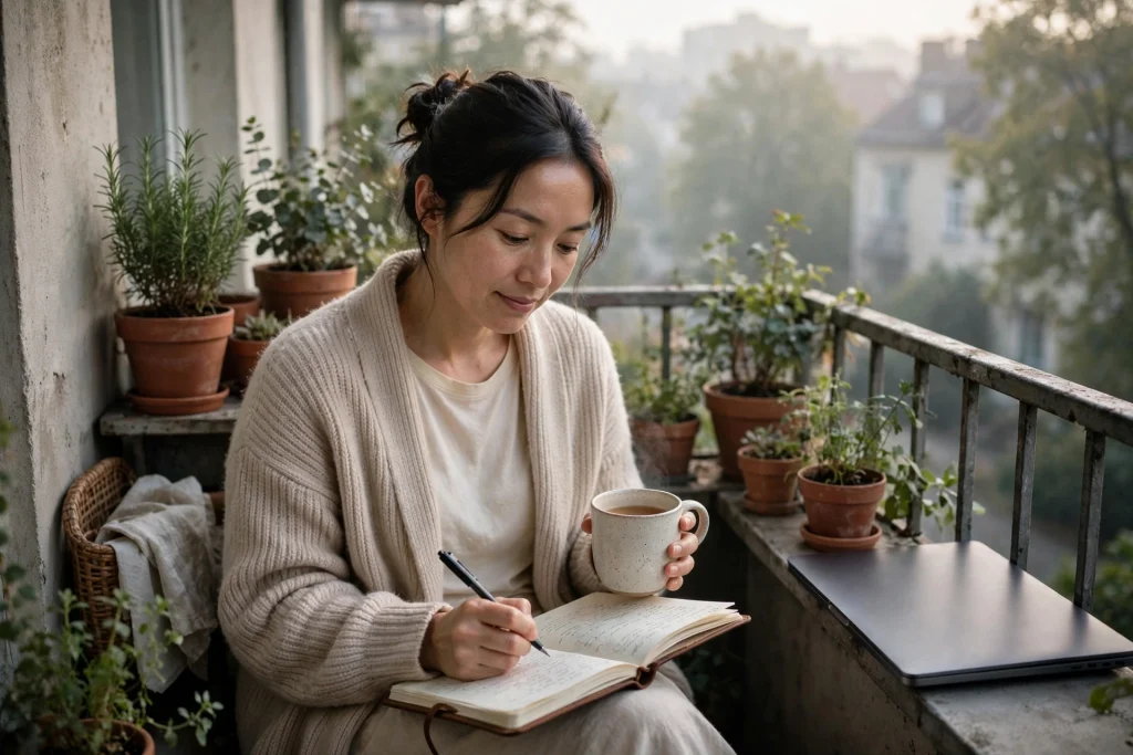 Woman journaling with a cup of tea on a plant-filled apartment balcony in the early morning, her laptop closed beside her