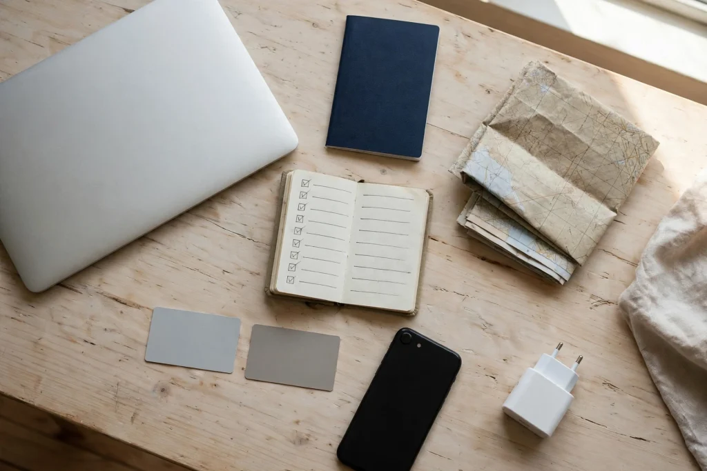Flat lay of a laptop, passport, two bank cards, phone, travel adapter, map and a notebook checklist for digital nomad visa, insurance and banking prep