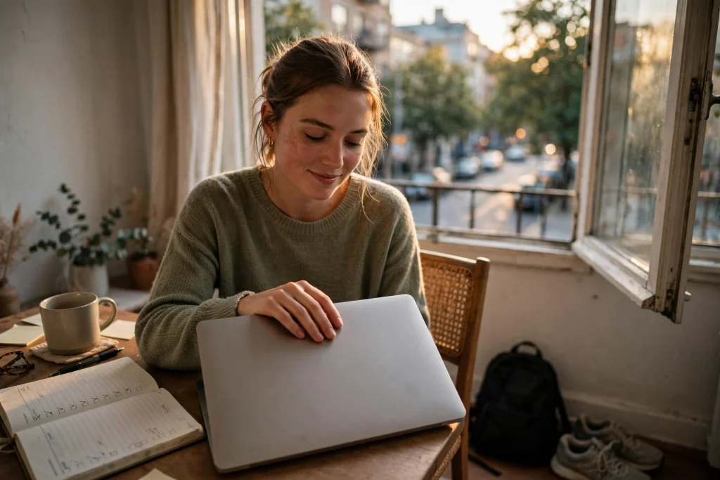 Young woman smiling as she closes her laptop at a desk by an open window at the end of the workday, running shoes and a backpack by her chair