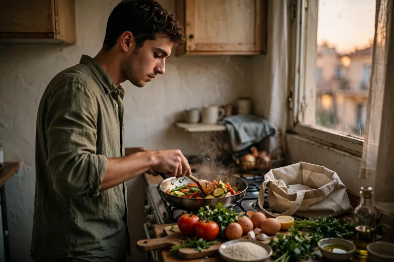 Young man stir-frying vegetables in the small kitchen of a rented apartment, with fresh market produce, eggs and rice on the counter