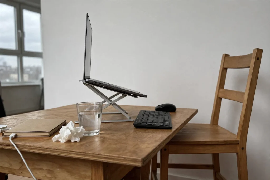 Wooden table seen from the side with a folding stand raising a laptop, a wireless keyboard and mouse in front of it, and a wooden chair pulled up to the table
