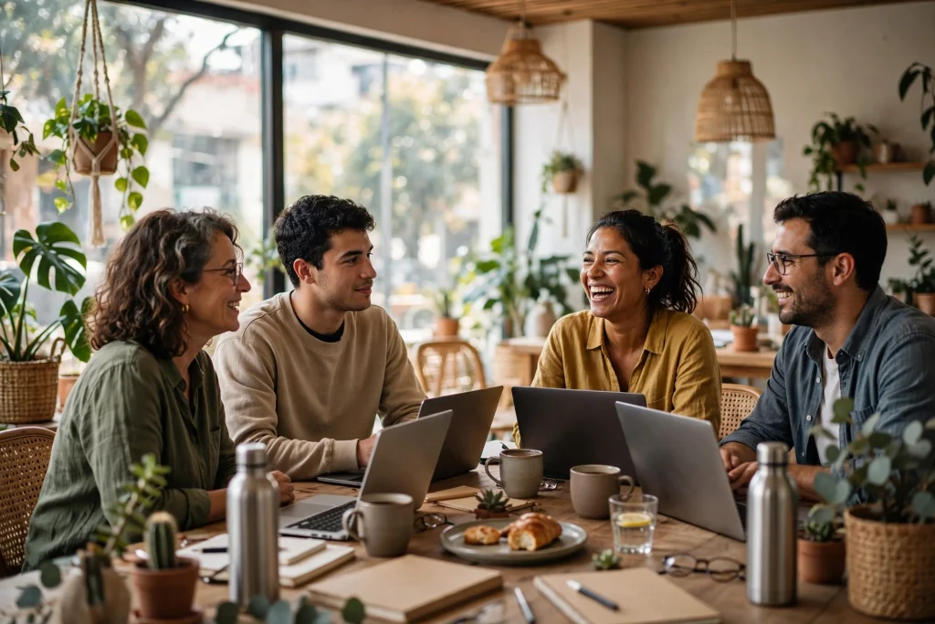 Four remote workers talking and laughing over coffee at a shared table in a bright coworking space
