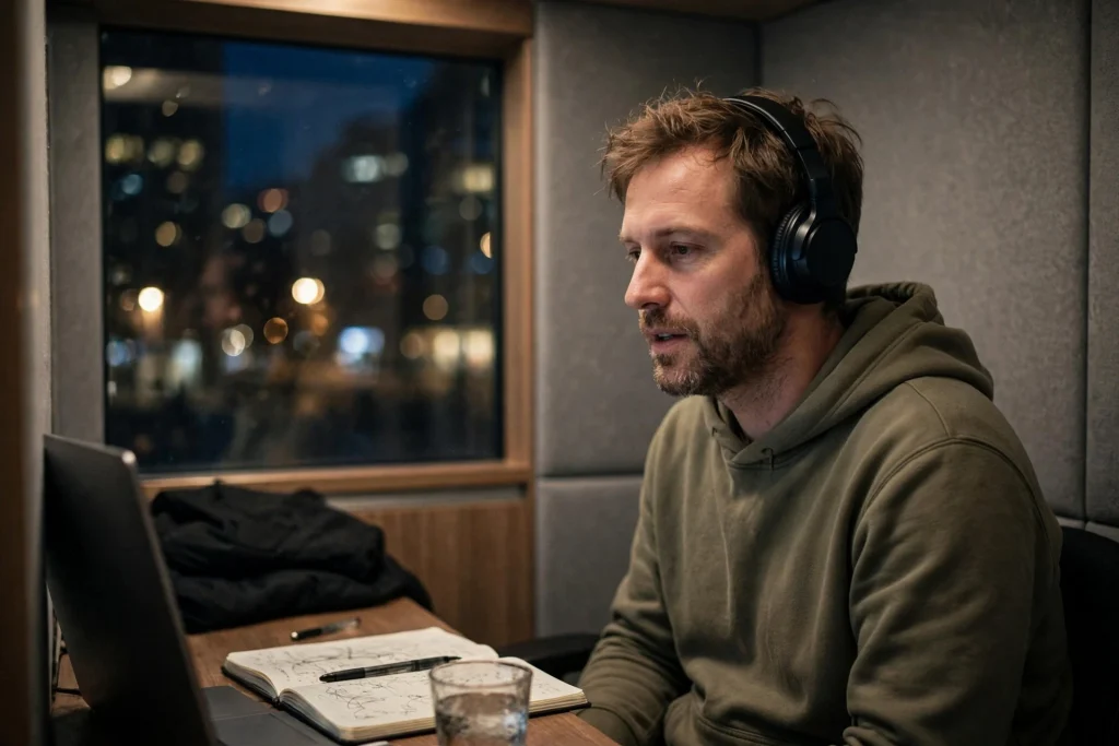 Freelancer wearing headphones on an evening video call with a client from a coworking booth, city lights through the window