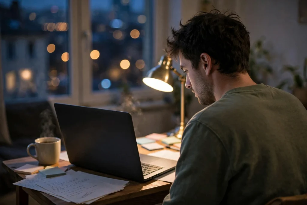 Man learning a new remote work skill on his laptop at a home desk in the evening, with handwritten notes beside him