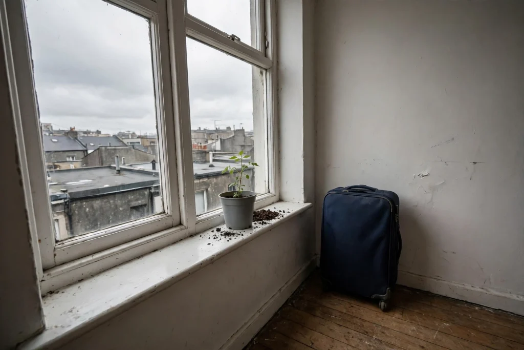 Small potted plant on a window ledge in a rented apartment with a closed carry-on suitcase standing against the wall beside it