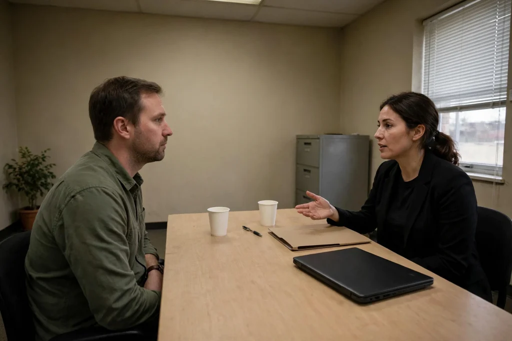 A man and a woman talking across a table in a small office, with a closed laptop and a folder between them
