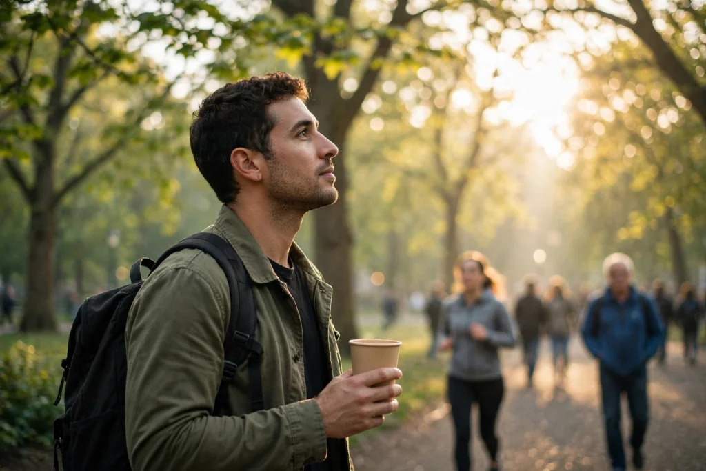 Traveler with a backpack and coffee walking through a sunlit city park in the morning after arriving in a new country