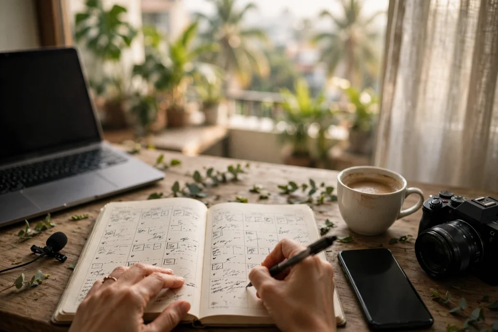 Remote worker planning her week in a paper planner at a desk with a laptop, camera and microphone by a window in a tropical city