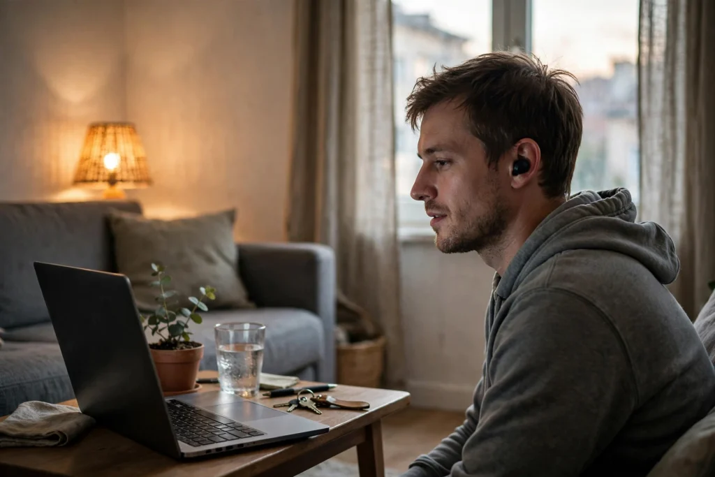 Man with earbuds having a calm video session on a laptop from the sofa of a rented apartment