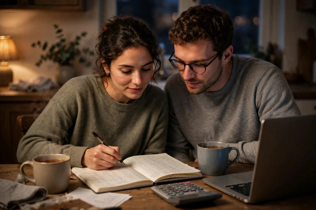 Couple reviewing a handwritten savings plan with a calculator at their kitchen table in the evening
