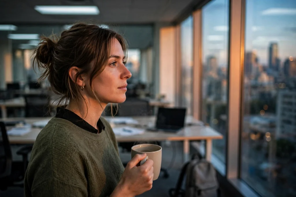 Woman holding a coffee mug by an office window at dusk, thinking about leaving her job, with a travel backpack by her desk