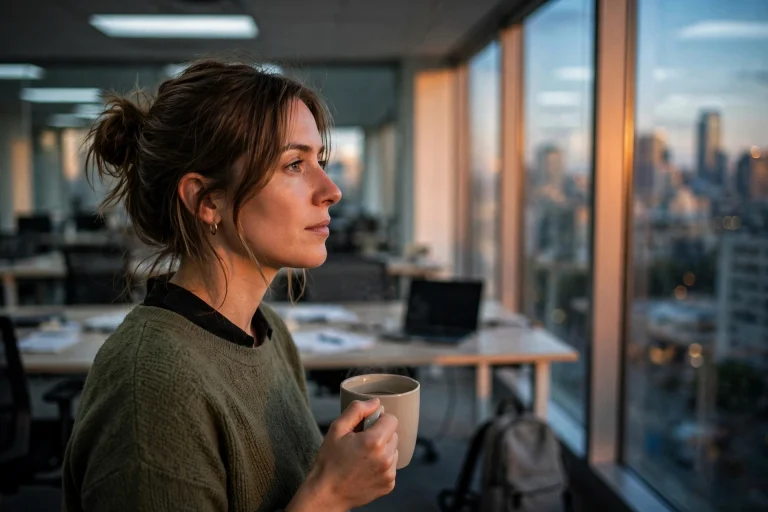 Woman holding a coffee mug by an office window at dusk, thinking about leaving her job, with a travel backpack by her desk