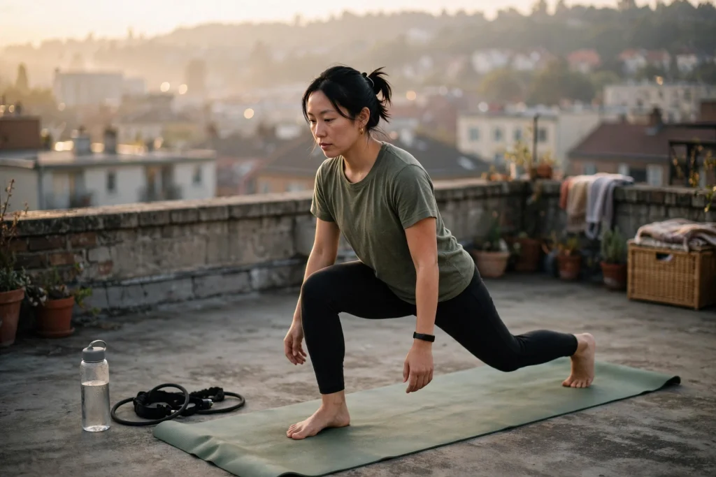 Woman doing a bodyweight lunge on a travel yoga mat on an apartment rooftop at sunrise, with a resistance band and water bottle beside her