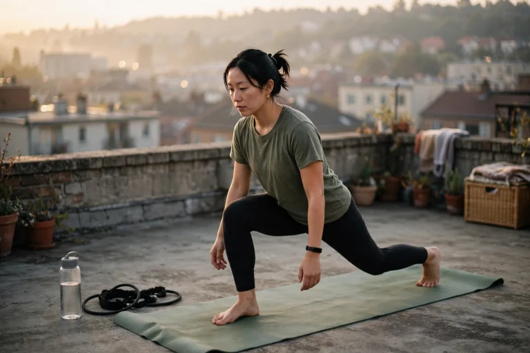 Woman doing a bodyweight lunge on a travel yoga mat on an apartment rooftop at sunrise, with a resistance band and water bottle beside her