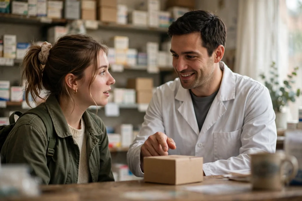 Young traveler with a backpack asking a pharmacist for advice across the counter of a small neighborhood pharmacy
