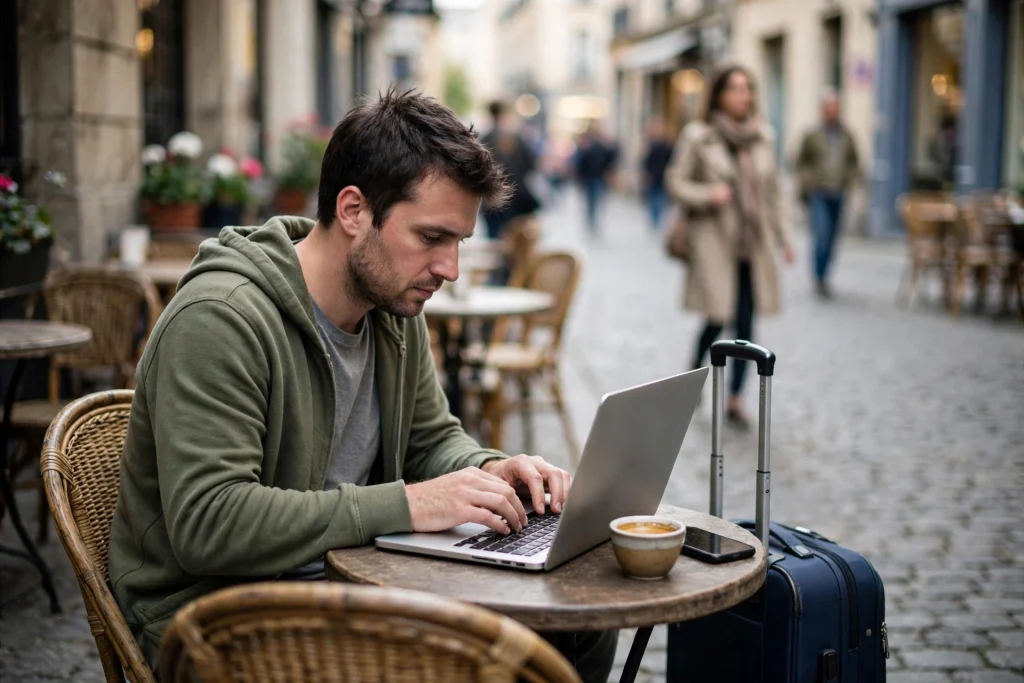Man working on a laptop at a cafe table on a cobbled European street with a carry-on suitcase beside him