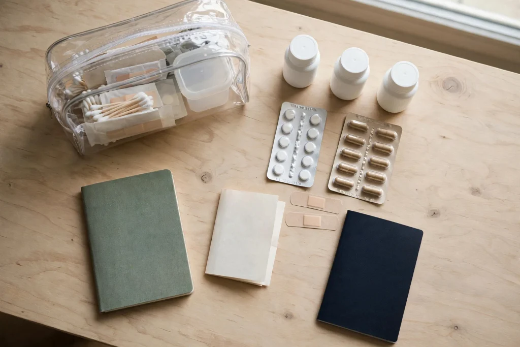 Flat lay of a clear toiletry bag, medicine bottles and blister packs in original packaging, a folded prescription, plasters, a notebook and a passport