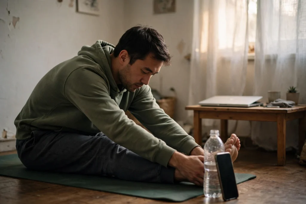 Man doing a seated forward stretch on a yoga mat in a small rented room, following a session on a phone propped against a water bottle