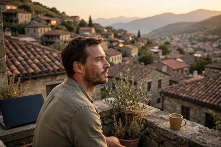 Man sitting on a guesthouse rooftop terrace at sunset looking over terracotta roofs and mountains, his laptop closed beside him