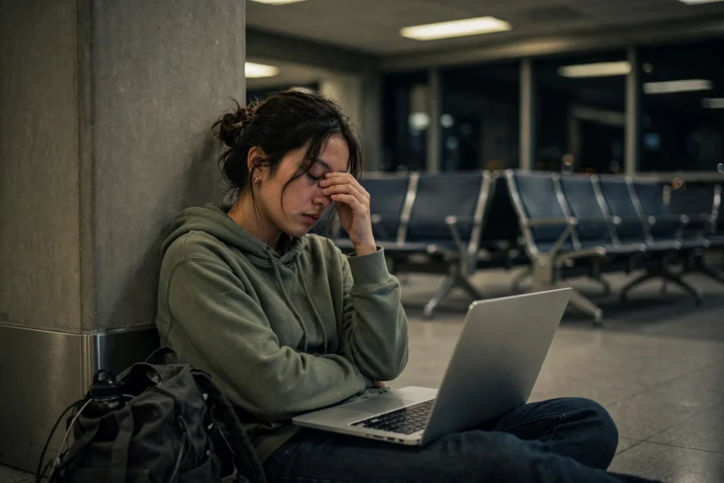 Tired remote worker sitting on the floor of an empty airport gate at night with her laptop and backpack, rubbing her eyes