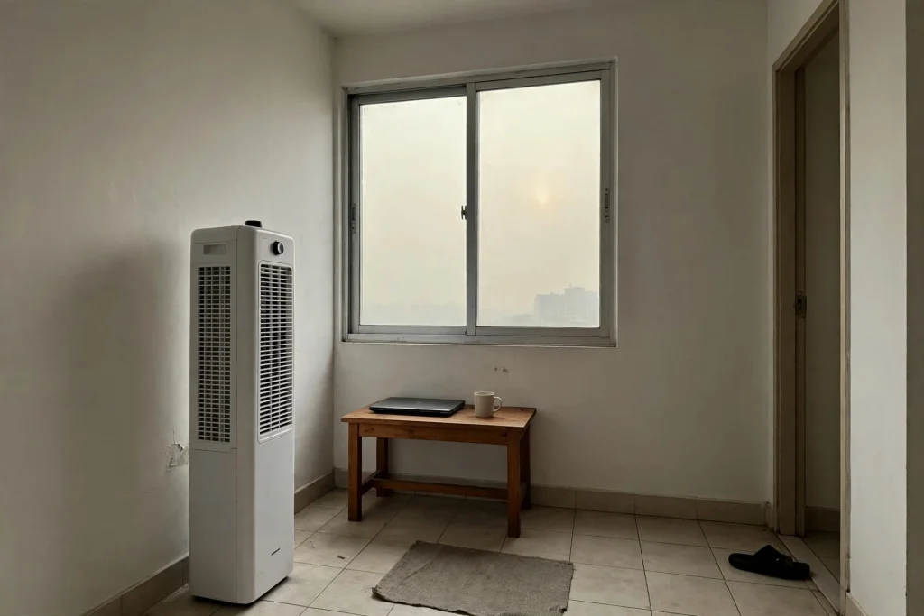 Tall white air purifier facing into a small rented room, with a window showing a hazy yellowish-grey sky and a closed laptop on a small table
