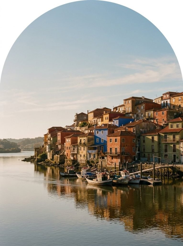 Colorful hillside houses above a river with wooden boats