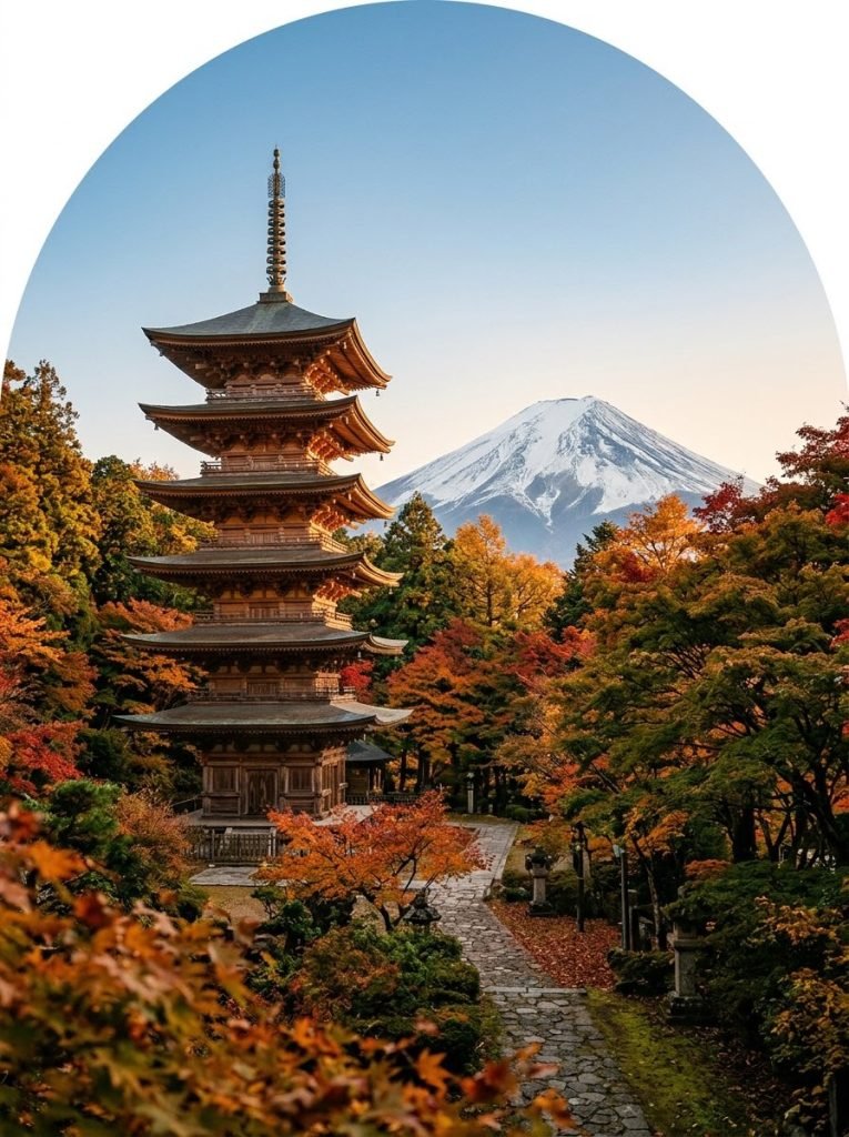 A wooden pagoda among autumn maples with a snowy volcano behind