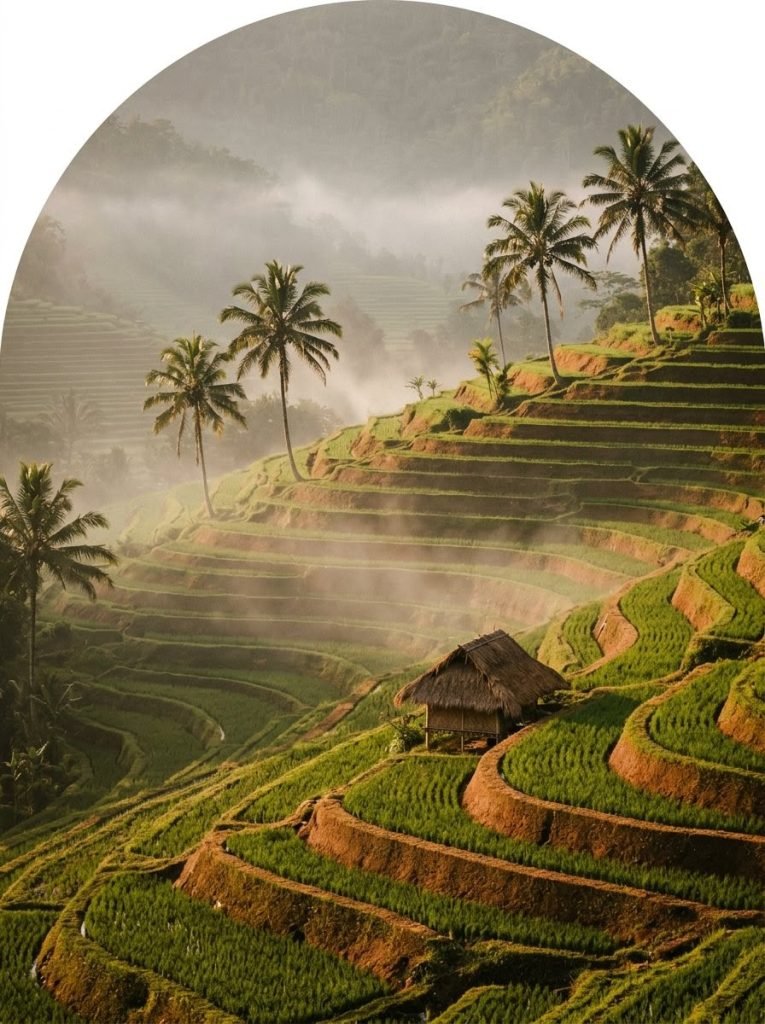 Misty green rice terraces with palm trees