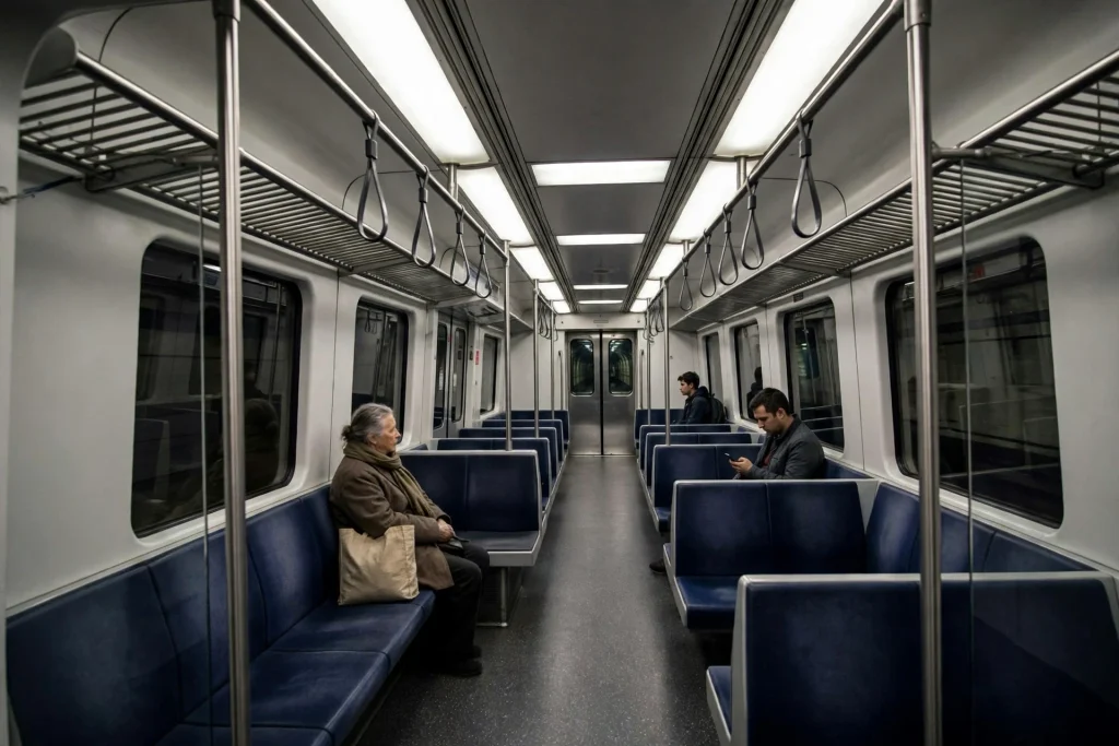 Subway carriage with blue bench seats, hanging straps and a few passengers sitting far apart