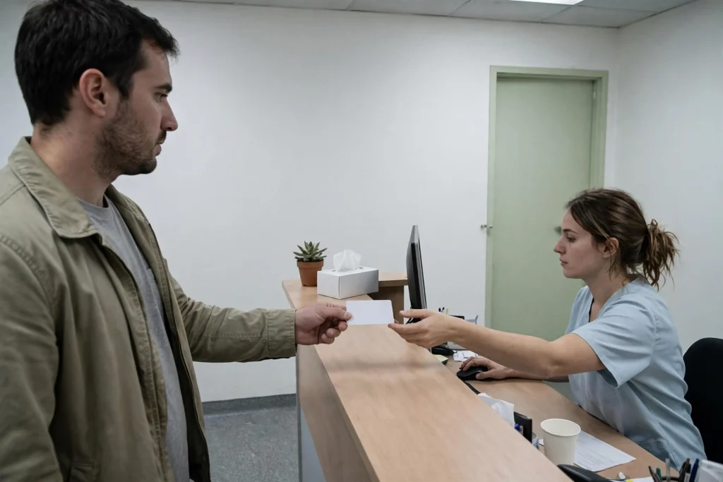 Patient holding out a card to a receptionist at the desk of a small private clinic