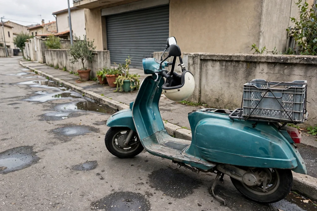 Dented teal scooter parked at a curb with an open-face helmet hanging from its mirror and a crate on the rear rack