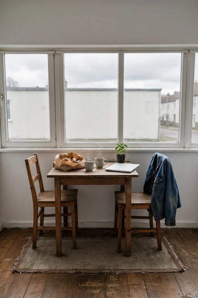 Small wooden table under a window with two steaming coffee mugs, a pastry bag, a closed laptop and a basil plant, and a denim jacket hung on the second chair