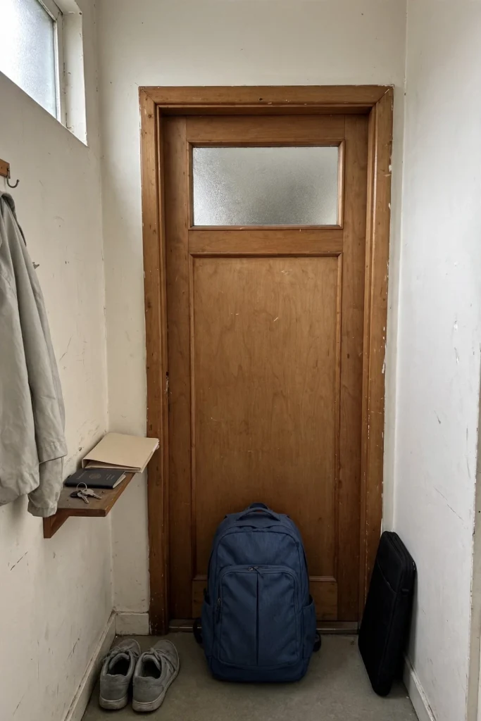 Indigo travel backpack packed and standing in front of a wooden front door, with sneakers, a laptop bag, and a passport and keys on a small shelf
